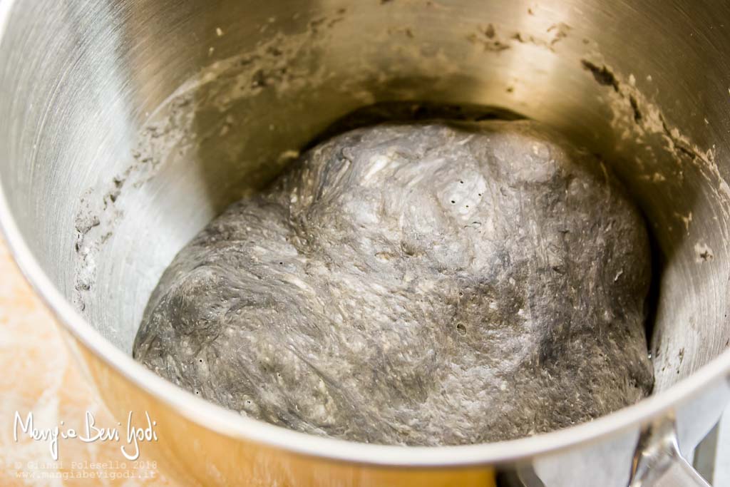 Lievitazione di impasto per pizza colorato con nero di seppia.