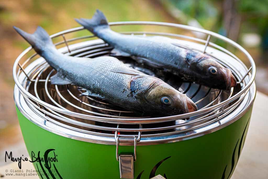 Cottura branzino alla griglia in grill ventilato da terrazzo