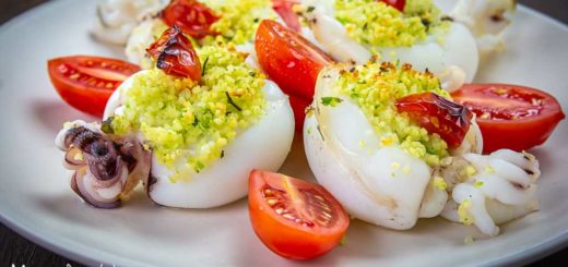 Seppie ripiene di cous cous, piselli e pecorino