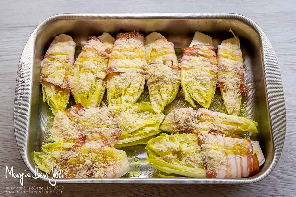 Preparazione indivia belga gratinata con parmigiano