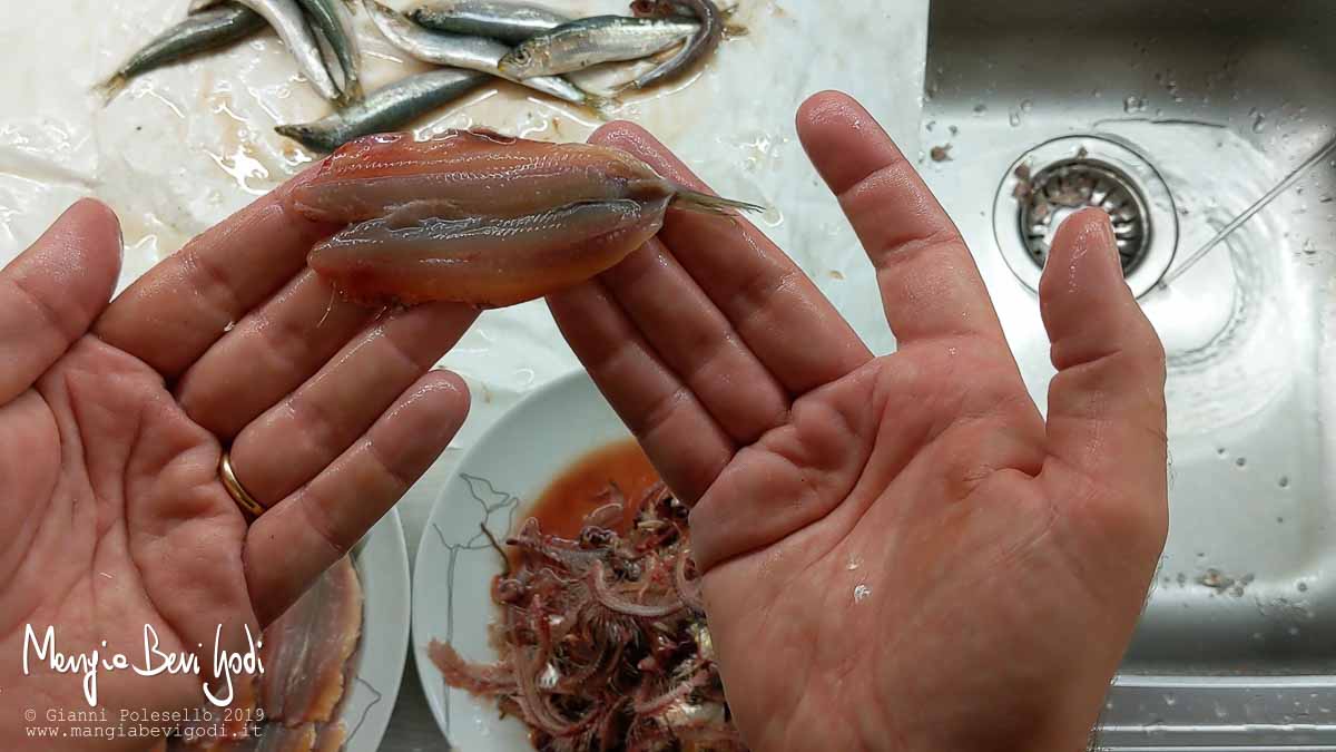 Lavare le sardine aperte a libro