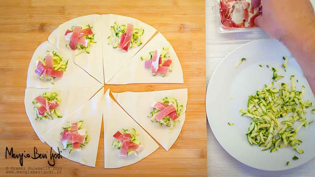 Preparazione cornetti di sfoglia con speck zucchine e philadelphia