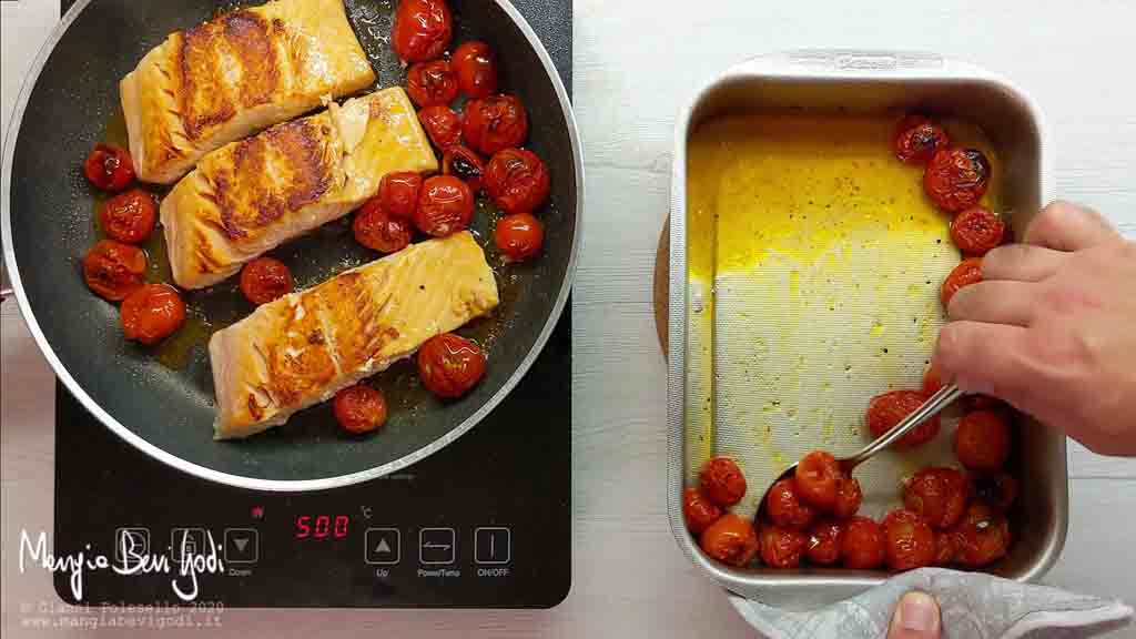 Cottura salmone con pomodorini in padella