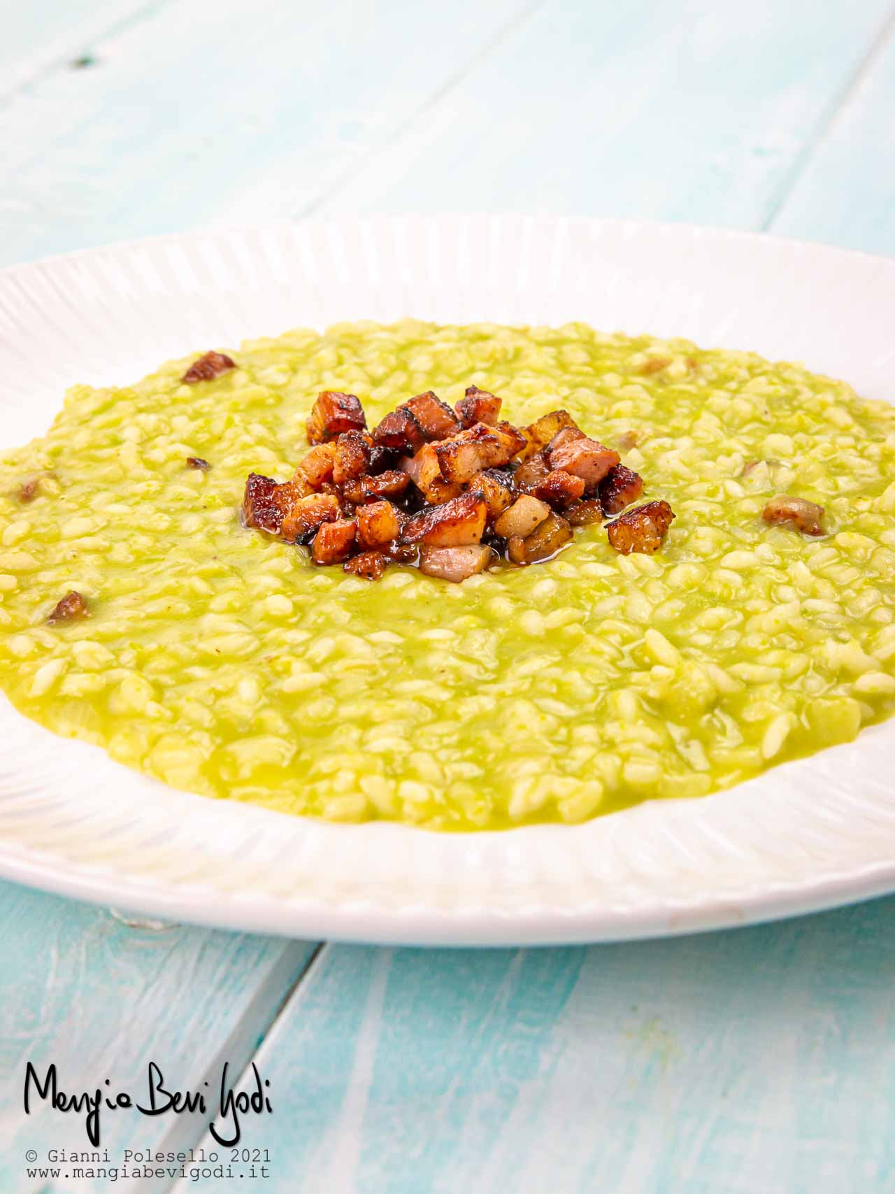 risotto con crema di piselli e pancetta