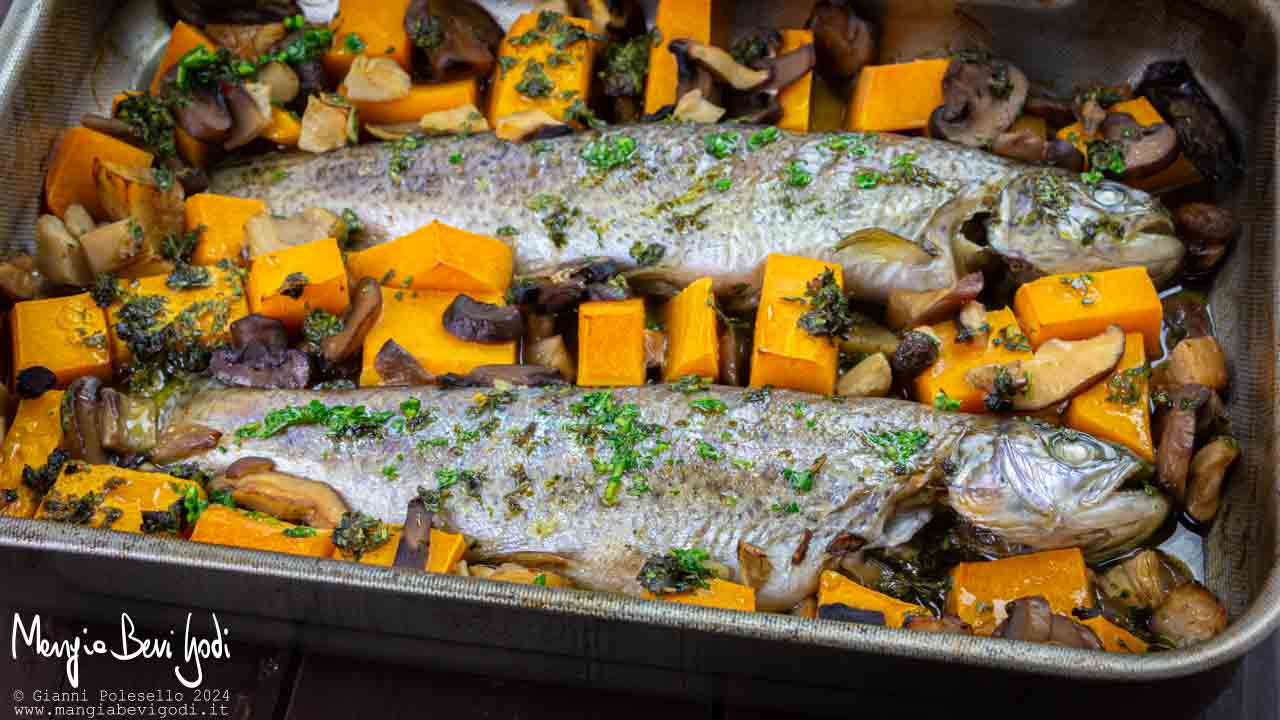 trota alla boscaiola con zucca e funghi