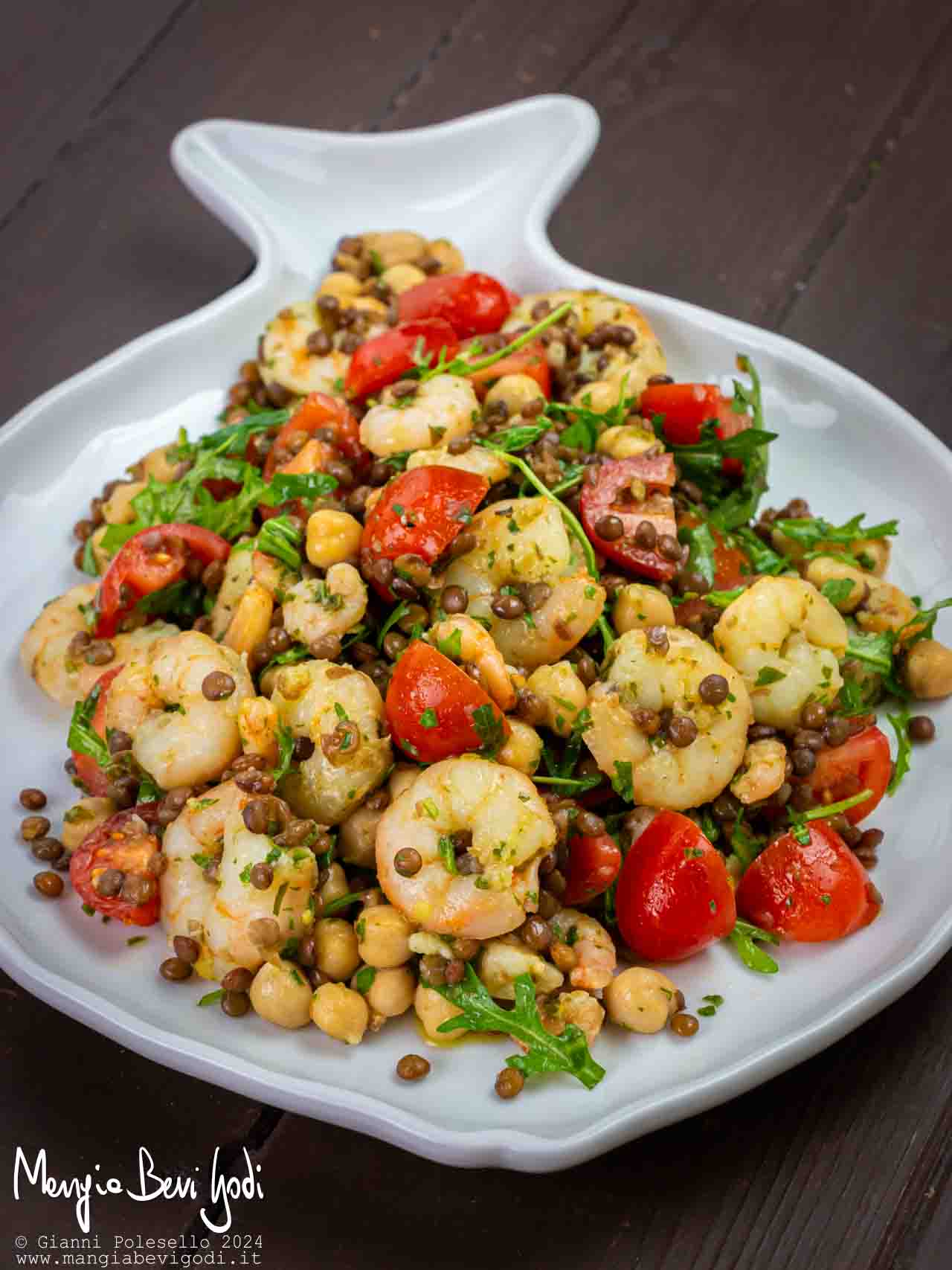 insalata di ceci e lenticchie con gamberi